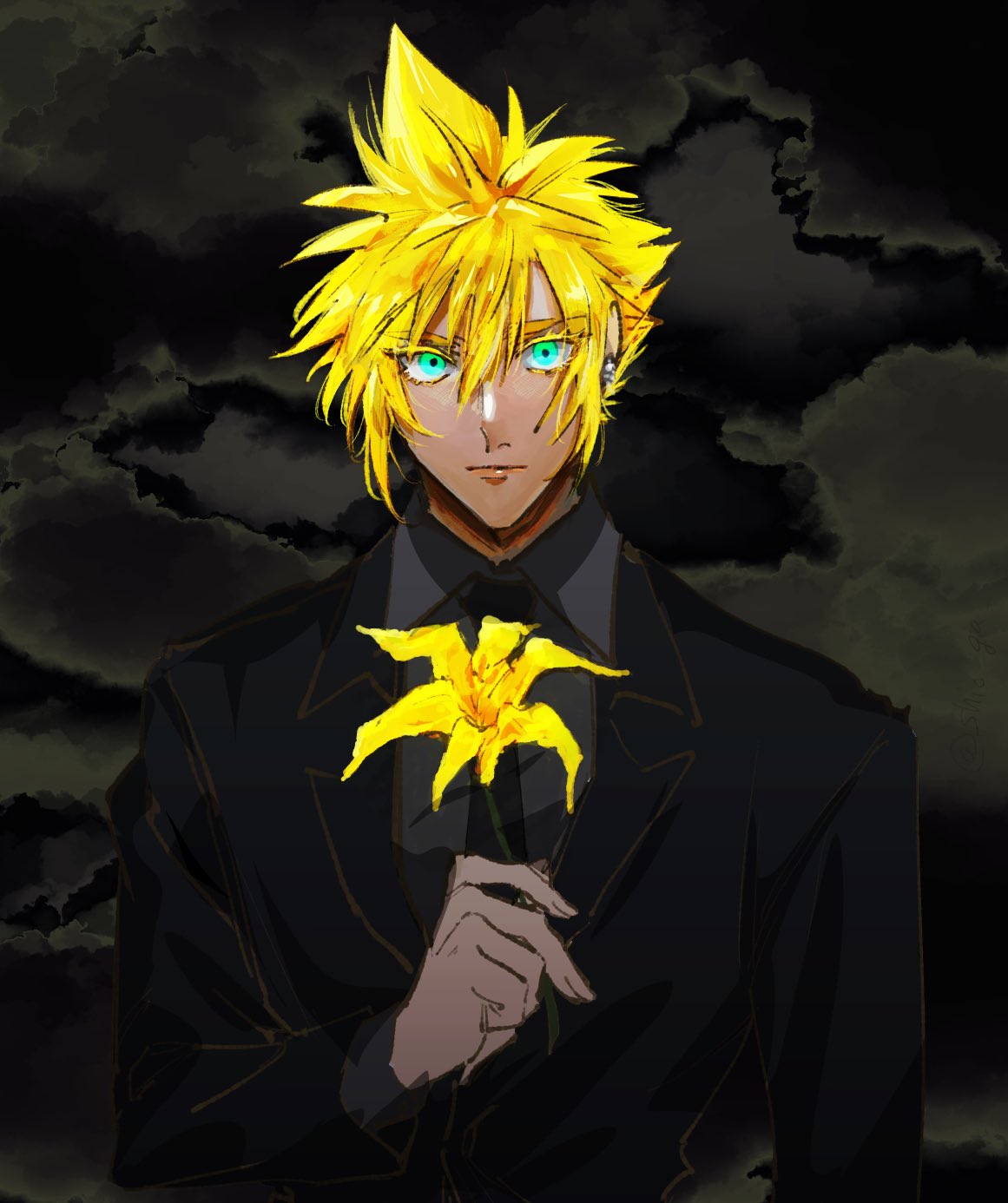 1boy aqua_eyes black_jacket black_necktie black_suit blonde_hair closed_mouth cloud_strife collared_shirt earrings final_fantasy final_fantasy_vii final_fantasy_vii_remake flower grey_shirt hair_between_eyes highres holding holding_flower jacket jewelry lily_(flower) long_sleeves looking_at_viewer male_focus necktie shio_ga shirt short_hair single_earring solo spiky_hair suit suit_jacket upper_body yellow_flower