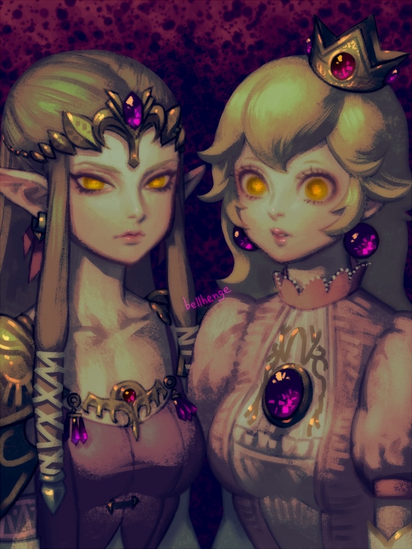 2girls bellhenge blonde_hair breasts brooch brown_hair commentary crossover crown dark_persona dress earrings english_commentary eyelashes forehead_jewel gem hair_tubes jewelry lips long_hair looking_at_viewer super_mario_bros. medium_breasts multiple_girls nintendo nose pauldrons pink_dress pointy_ears princess_peach princess_zelda purple_dress super_smash_bros. the_legend_of_zelda the_legend_of_zelda:_twilight_princess tiara tsurime yellow_eyes