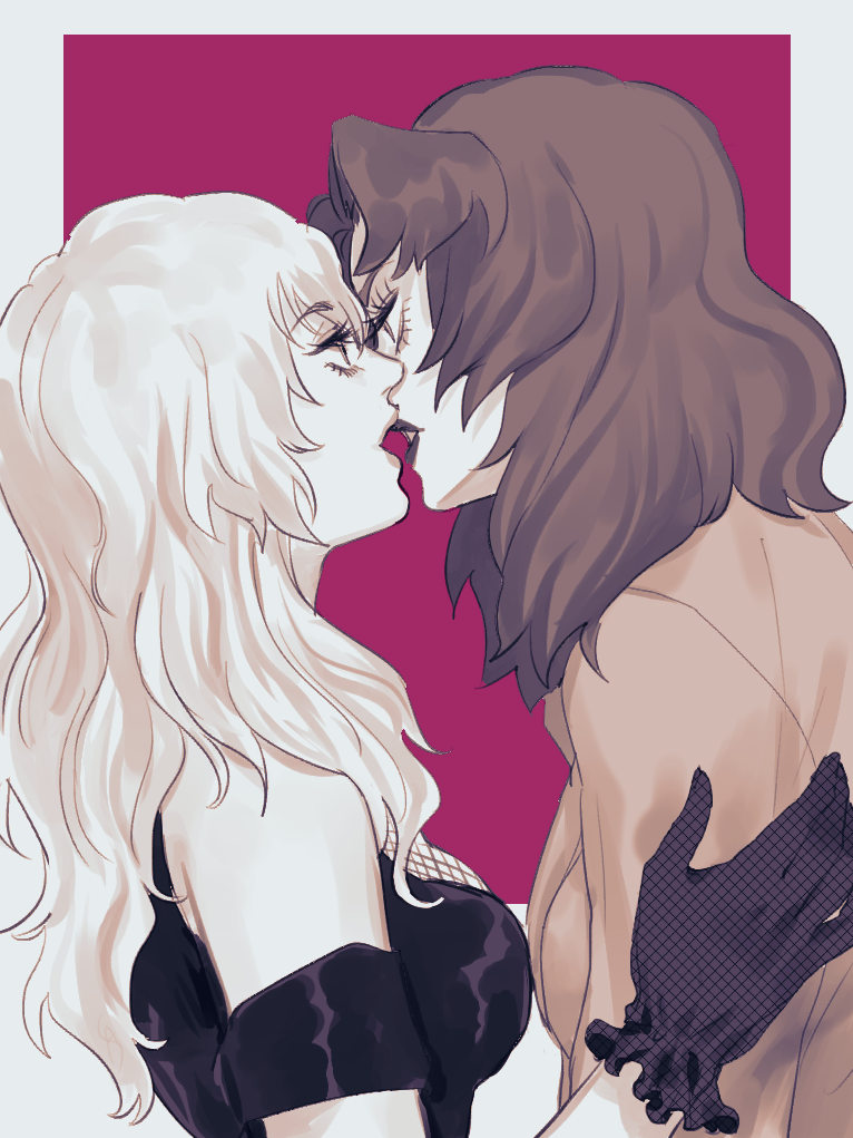 2girls anagosamaeru bare_shoulders breasts devilman devilman_crybaby eye_contact face-to-face from_side gloves imminent_kiss lips lipstick long_hair looking_at_another makeup medium_breasts medium_hair multiple_girls muted_color open_mouth outside_border profile psycho_jenny purple_background simple_background siren_(devilman) upper_body yuri
