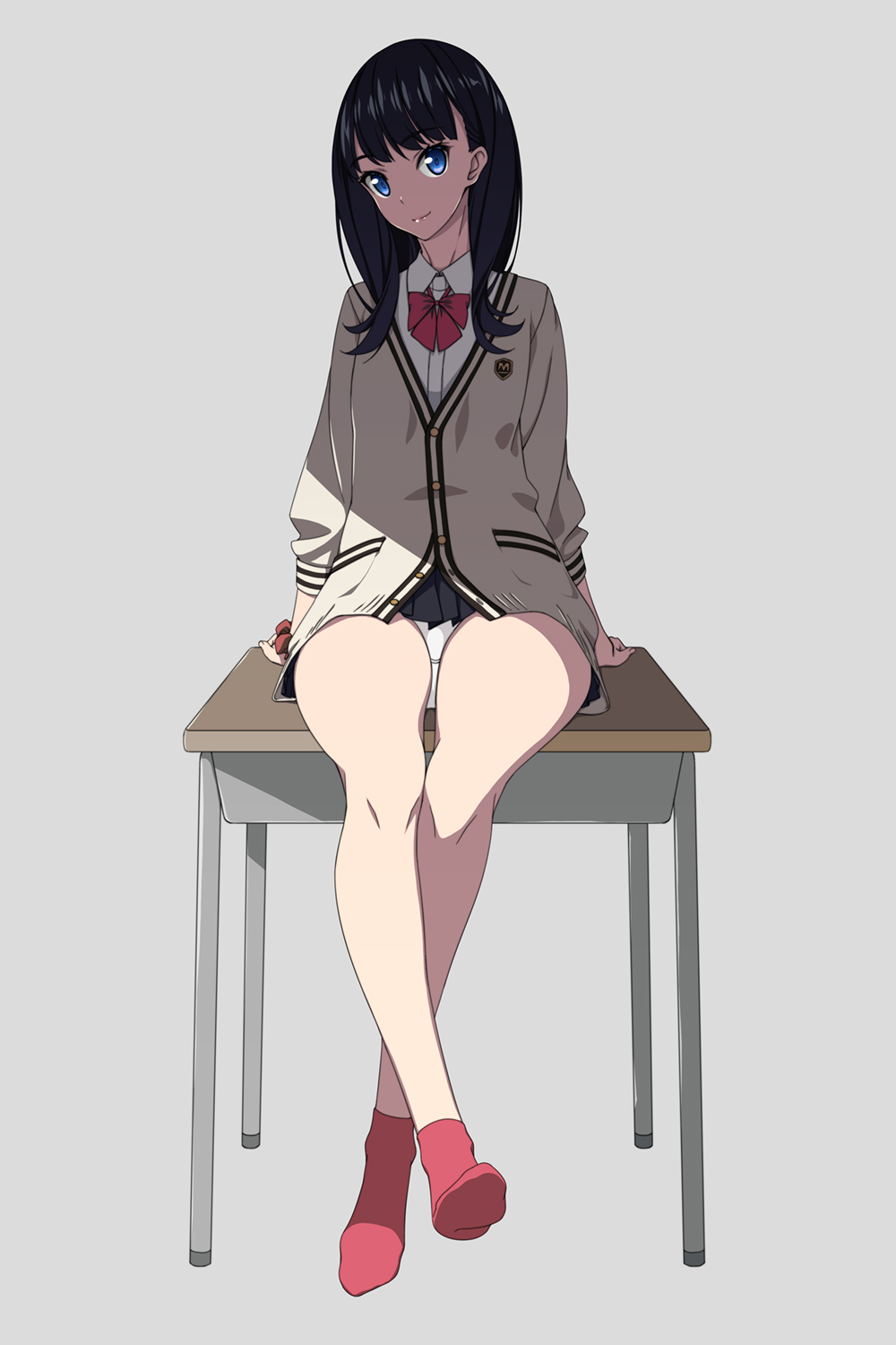 1girl arm_support bangs black_hair black_skirt blue_eyes cardigan closed_mouth commentary eyebrows_visible_through_hair grey_background highres long_hair long_sleeves looking_at_viewer murakami_suigun no_shoes panties pantyshot pantyshot_(sitting) pleated_skirt red_legwear school_uniform scrunchie shirt simple_background sitting skirt smile socks solo ssss.gridman takarada_rikka thighs underwear white_panties white_shirt wrist_scrunchie