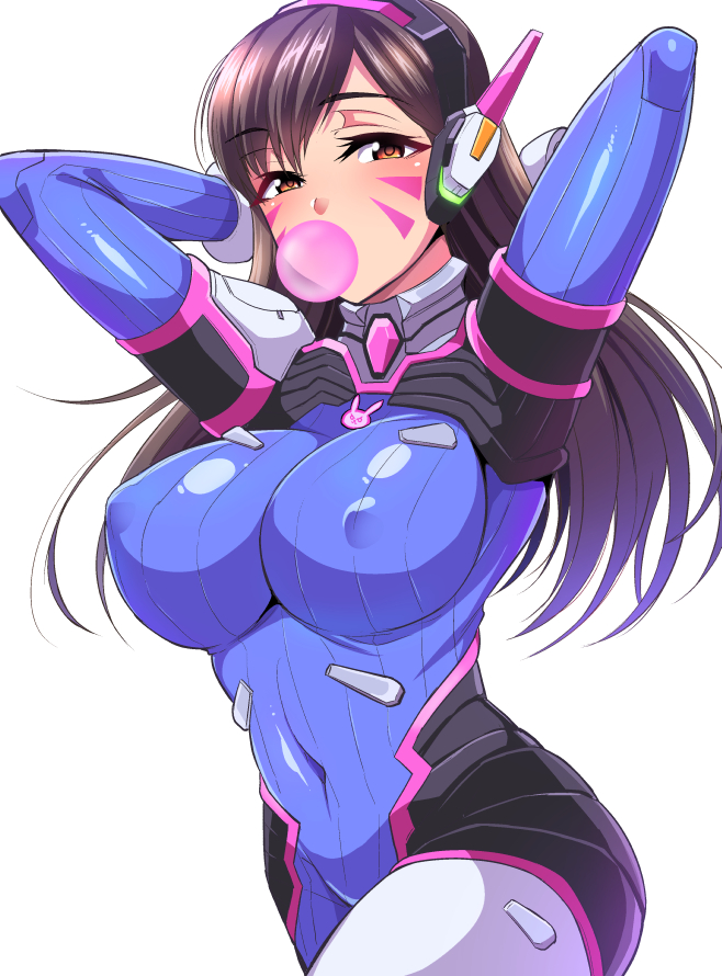 1girl :3 acronym animal_print arms_behind_head arms_up bangs blue_bodysuit bodysuit boots bracer breasts brown_eyes brown_hair bubble_blowing bunny_print chewing_gum covered_navel covered_nipples cowboy_shot curvy d.va_(overwatch) eyebrows_visible_through_hair eyelashes facepaint facial_mark gloves hair_between_eyes headphones high_collar impossible_bodysuit impossible_clothes large_breasts legs_together long_hair long_sleeves looking_at_viewer glasses_man overwatch pauldrons pilot_suit ribbed_bodysuit shiny shiny_clothes shoulder_pads simple_background skin_tight solo standing thigh-highs thigh_boots tight whisker_markings white_background white_footwear white_gloves