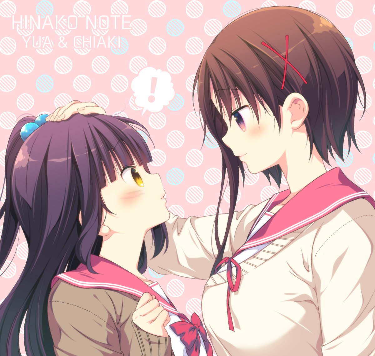 2girls blush brown_eyes brown_hair from_side hagino_chiaki hair_ornament hand_on_another's_head hinako_note looking_at_another march-bunny multiple_girls nakajima_yua polka_dot polka_dot_background profile school_uniform short_hair_with_long_locks sidelocks simple_background smile x_hair_ornament yellow_eyes yuri