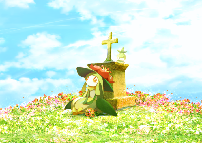 blue_sky blush bouquet check_commentary clouds commentary_request cross day field flower flower_field full_body gen_5_pokemon grass green_hair hands_together light_blush lilligant long_hair looking_up no_humans no_mouth orange_eyes outdoors partial_commentary petilil pokemon pokemon_(creature) ribero sitting sky tombstone