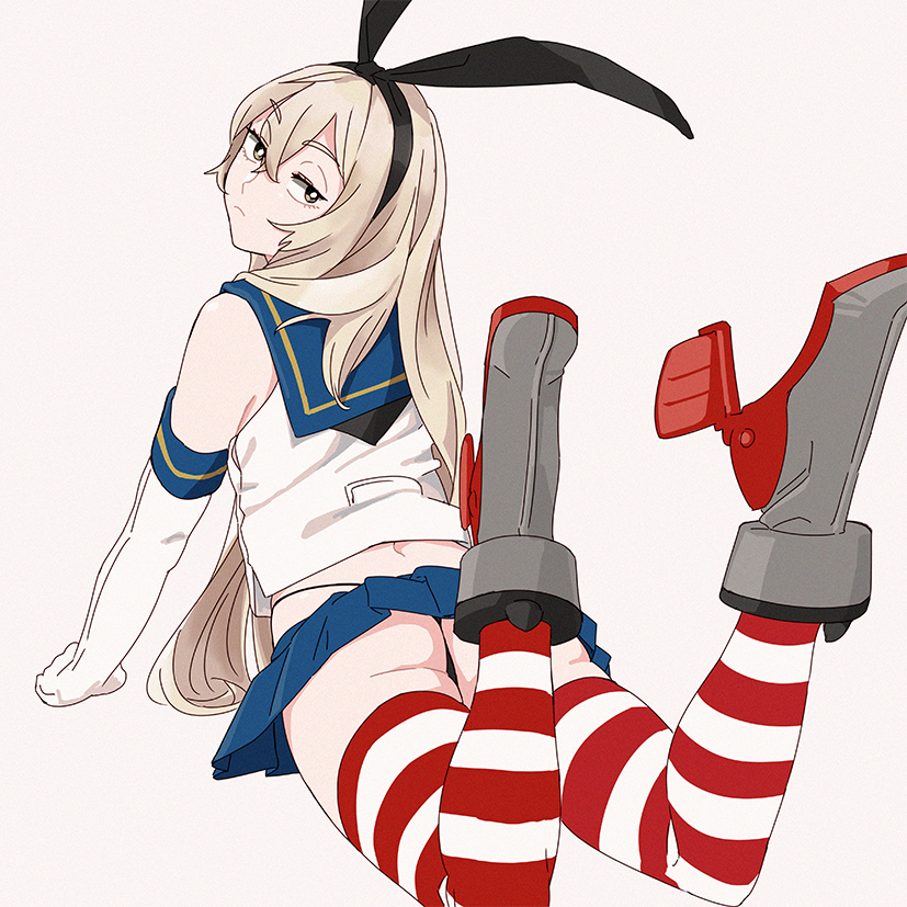 1girl anchor_hair_ornament ass bangs black_panties blonde_hair blue_skirt butt_crack crop_top elbow_gloves eyebrows_visible_through_hair gloves grey_eyes hair_between_eyes hair_ornament hairband highleg highleg_panties kantai_collection long_hair lying microskirt miniskirt ojipon on_stomach panties rudder_footwear sailor_collar school_uniform serafuku shimakaze_(kantai_collection) simple_background skirt solo striped striped_legwear thigh-highs underwear white_gloves