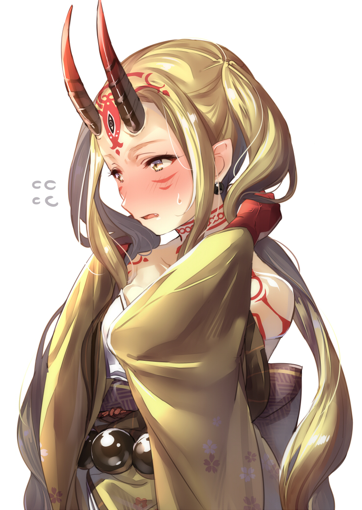 1girl blonde_hair blush brown_horns commentary_request facial_mark fang fate/grand_order fate_(series) flying_sweatdrops forehead gradient_horns half-closed_eyes hand_on_own_neck horns ibaraki_douji_(fate/grand_order) juurouta long_hair looking_away open_mouth petite simple_background solo white_background yellow_eyes