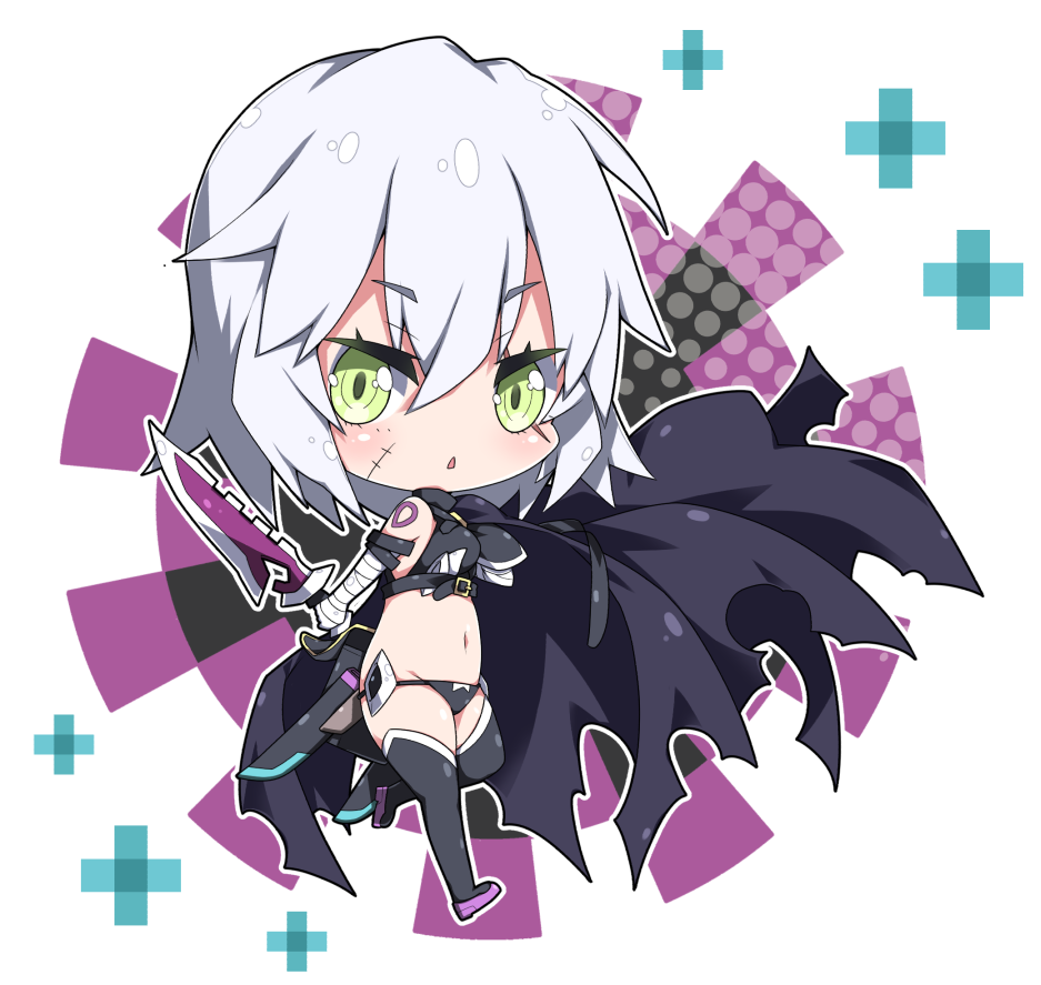 1girl bandaged_arm bandages bangs black_cloak black_footwear black_gloves black_legwear black_panties black_shirt blush boots breasts chibi cloak commentary dagger eyebrows_visible_through_hair facial_scar fate/grand_order fate_(series) gloves green_eyes hair_between_eyes holding holding_dagger holding_weapon jack_the_ripper_(fate/apocrypha) looking_at_viewer milkpanda navel panties parted_lips scar scar_across_eye scar_on_cheek shirt shoulder_tattoo silver_hair single_glove sleeveless sleeveless_shirt small_breasts solo tattoo thigh-highs thigh_boots underwear v-shaped_eyebrows weapon