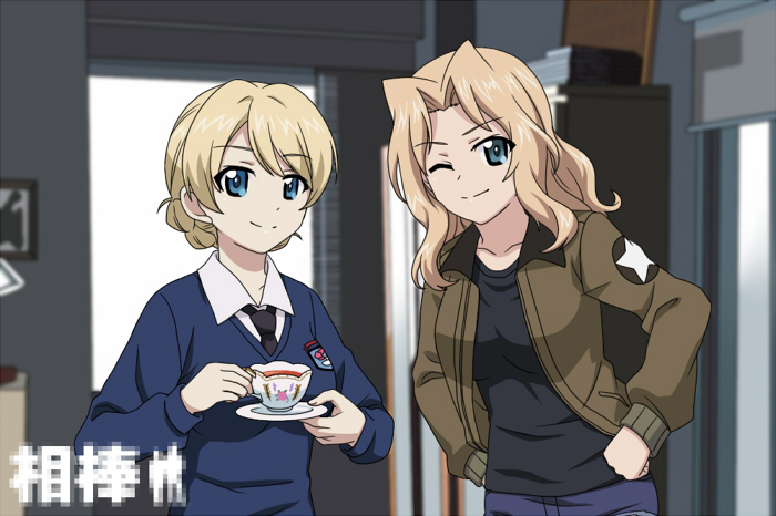 2girls aibou_(dorama) bangs black_neckwear black_shirt blonde_hair blue_eyes blue_shorts blue_sweater braid brown_jacket censored check_commentary closed_mouth commentary_request cup darjeeling dress_shirt emblem eyebrows_visible_through_hair girls_und_panzer hair_intakes hands_on_hips holding holding_cup holding_saucer indoors jacket kay_(girls_und_panzer) leaning_forward long_hair long_sleeves looking_at_viewer military military_uniform mosaic_censoring multiple_girls necktie one_eye_closed open_clothes open_jacket saunders_military_uniform school_uniform shirt short_hair short_shorts shorts sitting smile st._gloriana's_(emblem) st._gloriana's_school_uniform standing star sweater teacup tied_hair torinone translated twin_braids uniform v-neck white_shirt wing_collar