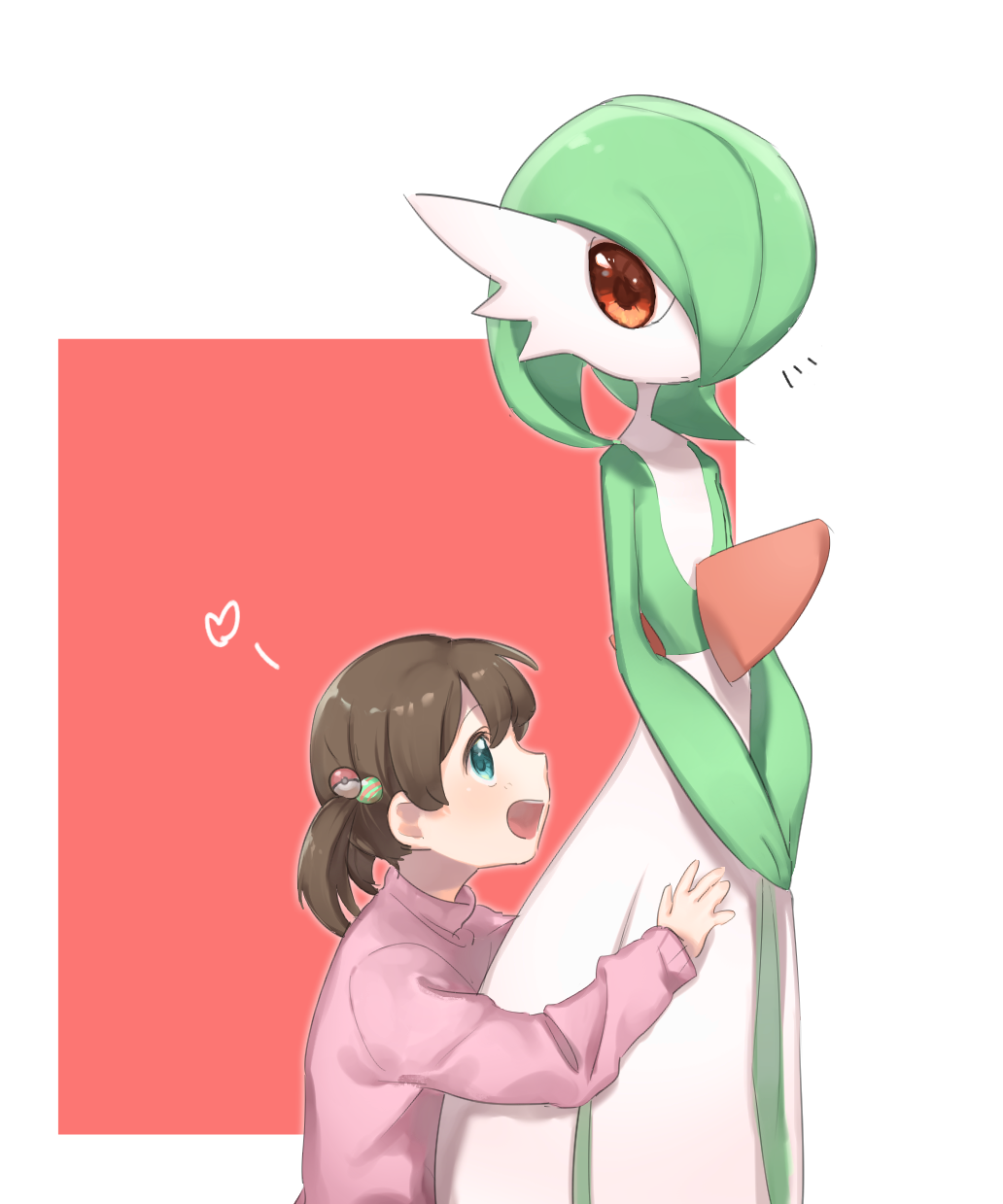2girls bangs blue_eyes blush brown_hair child closed_mouth commentary_request eye_contact flat_chest gardevoir gen_3_pokemon green_hair green_skin hair_between_eyes hair_bobbles hair_ornament hair_over_one_eye hand_up hands_together happy heart highres light_blush long_sleeves looking_at_another looking_down looking_up multiple_girls notice_lines open_mouth pink_sweater poke_ball_theme pokemon pokemon_(creature) red_background shiny shiny_hair short_hair short_twintails sideways_mouth simple_background smile spoken_heart standing sweater teeth tied_hair twintails two-tone_background two-tone_skin uhuhu white_skin
