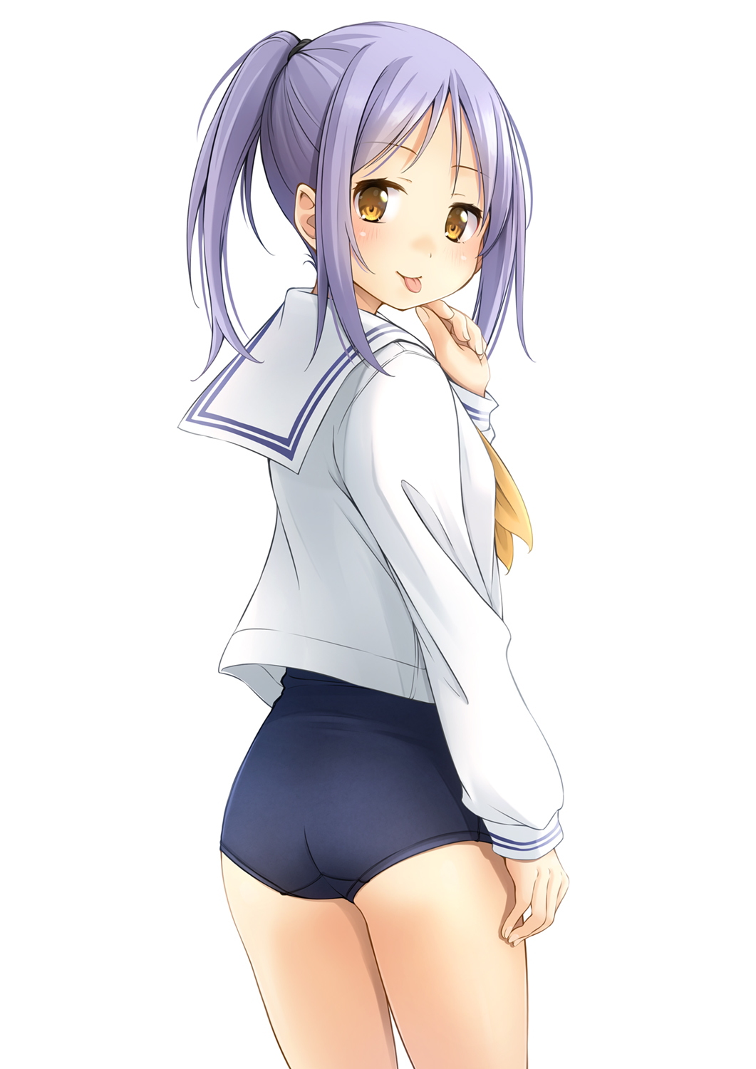 1girl :p ass bangs black_swimsuit blush brown_eyes closed_mouth commentary_request eyebrows_visible_through_hair from_behind hand_up highres long_sleeves looking_at_viewer looking_back neckerchief one-piece_swimsuit original parted_bangs ponytail puffy_long_sleeves puffy_sleeves purple_hair sailor_collar school_uniform serafuku shibacha shirt simple_background sleeves_past_wrists smile solo swimsuit swimsuit_under_clothes tongue tongue_out white_background white_sailor_collar white_shirt yellow_neckerchief