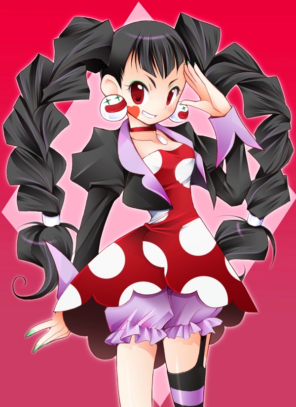 1girl bangs black_hair blue_nails braid breasts chirol_(rockman_exe) cropped_jacket dress earrings eyeshadow garter_straps heart jacket jewelry juliet_sleeves long_hair long_sleeves makeup nail_polish puffy_sleeves purple_bloomers red_eyes rockman rockman_exe rockman_exe_6 salute single_thighhigh smile thigh-highs twin_braids yurikagodenno