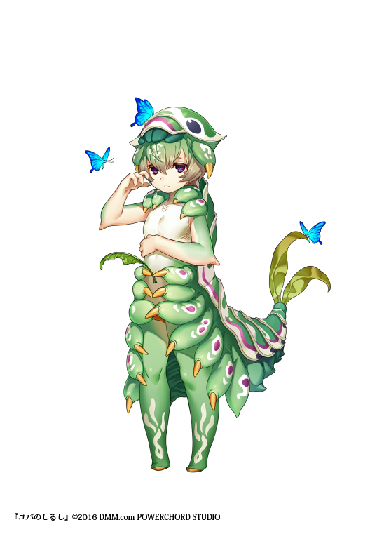 1girl brown_hair bug butterfly caterpillar child commentary_request dmm fewer_digits full_body green_hair green_skin insect insect_girl larva leaf looking_at_viewer monster_girl multicolored multicolored_hair multicolored_skin no_nipples official_art parted_lips short_hair solo violet_eyes white_background yuba_no_shirushi yuzu_shio