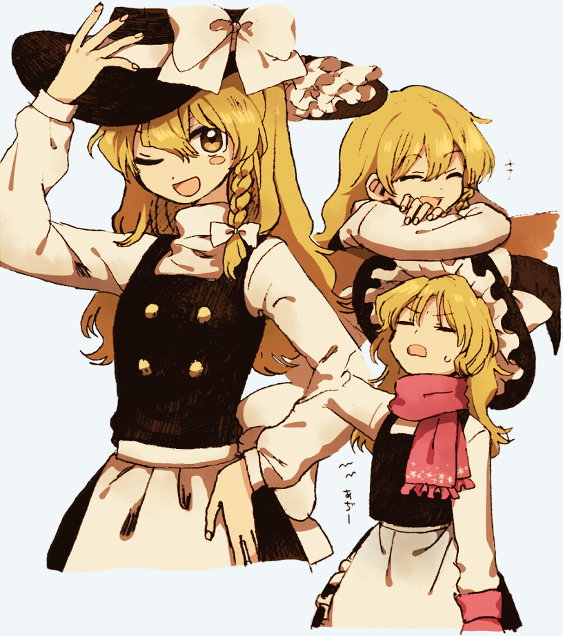 1girl apron blonde_hair blue_background blush_stickers bow braid breasts closed_eyes hair_ribbon hand_on_headwear hand_on_hip hat hat_bow ka_(marukogedago) kirisame_marisa laughing long_hair looking_at_viewer mittens multiple_views one_eye_closed open_mouth ribbon scarf shirt side_braid simple_background skirt small_breasts sweatdrop touhou translated tress_ribbon turtleneck vest witch_hat