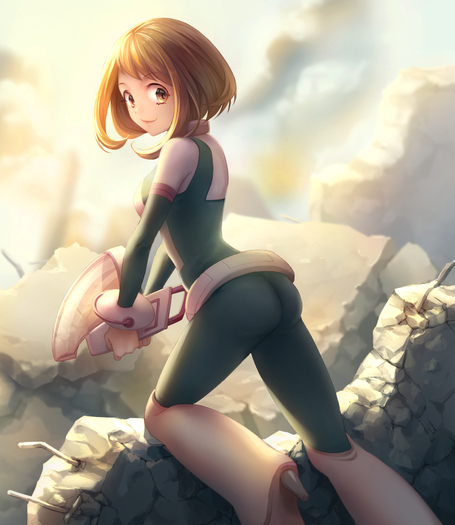 1girl ass bodysuit boku_no_hero_academia boots breasts brown_eyes brown_hair chocofox commentary_request headwear_removed helmet helmet_removed holding holding_helmet knee_boots looking_at_viewer looking_back medium_breasts rubble short_hair sidelocks smile solo uraraka_ochako