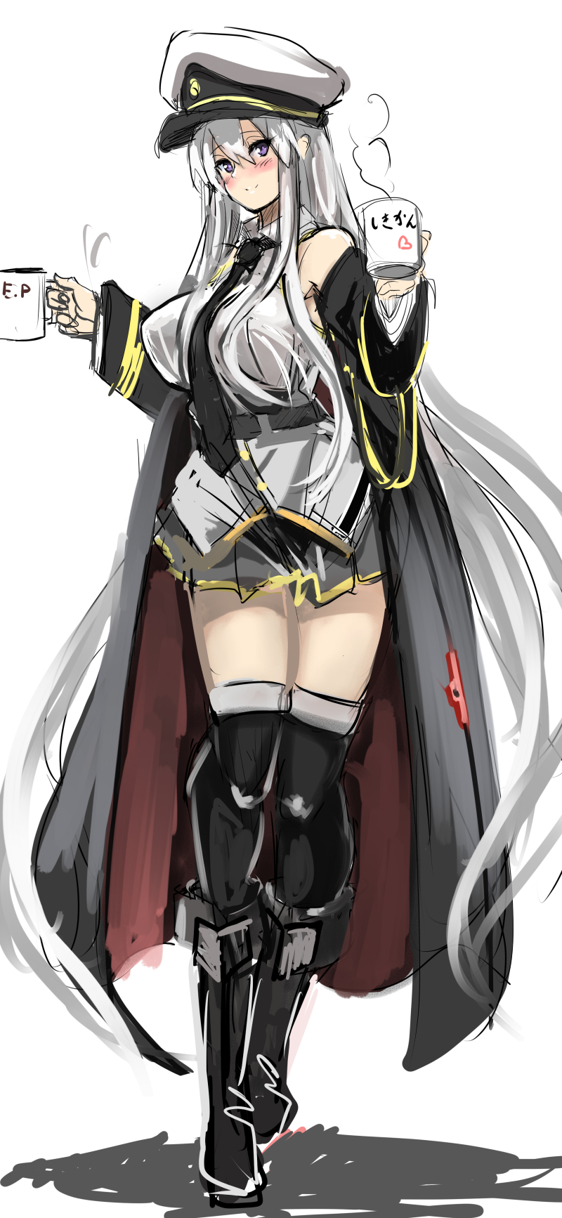 1girl azur_lane black_footwear black_legwear blush boots breasts coat collared_shirt cup enterprise_(azur_lane) full_body hat hey_taishou highres large_breasts long_hair looking_at_viewer military_hat miniskirt mug mug_writing off_shoulder print_mug shirt silver_hair simple_background sketch skirt sleeveless sleeveless_shirt smile solo standing steam thigh-highs thighs translated violet_eyes white_background white_headwear white_shirt zettai_ryouiki