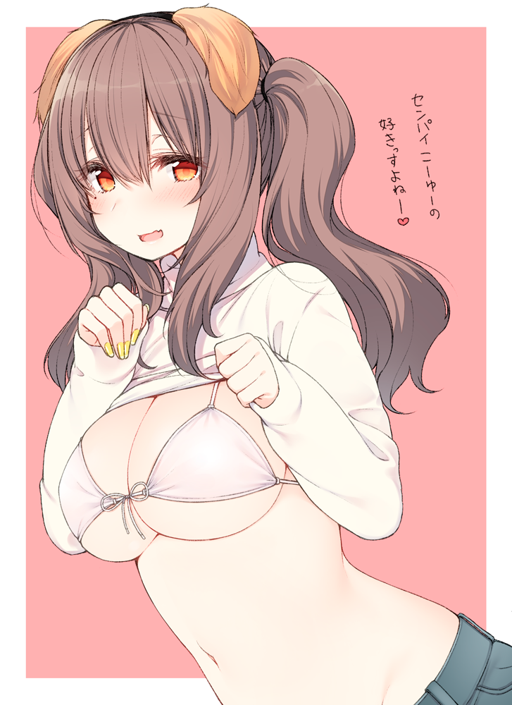 1girl animal_ears blush bra breasts brown_hair clothes_lift commentary_request dog_ears dutch_angle embarrassed eyebrows_visible_through_hair fake_animal_ears fingernails hairband large_breasts long_hair long_sleeves looking_at_viewer nail_polish navel nekoume original paw_pose pink_background red_eyes sleeves_past_wrists smile solo standing sweater sweater_lift translated twintails underwear upper_body white_bra yellow_nails