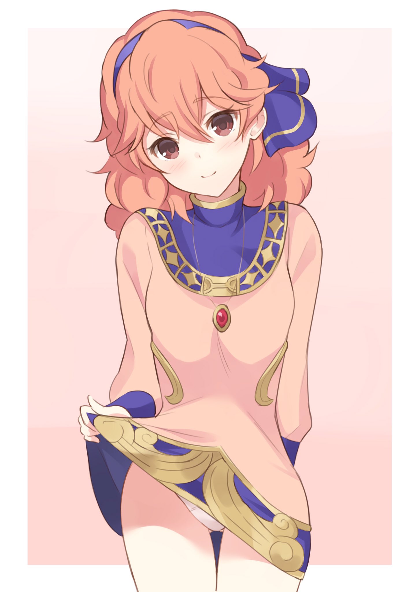 1girl blush brown_eyes closed_mouth commentary_request curly_hair dress dress_lift fire_emblem fire_emblem_echoes:_mou_hitori_no_eiyuuou hairband highres jenny_(fire_emblem) jewelry lifted_by_self long_sleeves necklace panties pink_dress pink_hair shiyo_yoyoyo simple_background smile solo underwear white_panties
