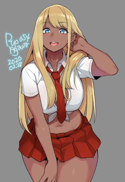 1girl 2020 agawa_ryou blonde_hair blue_eyes breasts commentary dark_skin dated grey_background hand_in_hair large_breasts long_hair looking_at_viewer midriff navel necktie open_mouth original red_neckwear round_teeth signature simple_background skirt smile solo teeth thick_thighs thighs wide_hips