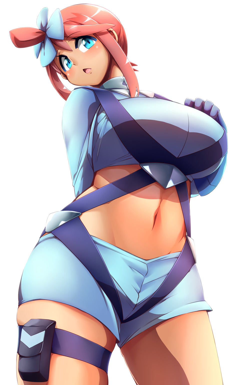 1girl arm_behind_back blue_eyes blue_gloves blue_jacket blue_shorts breasts cowboy_shot crop_top cropped_jacket eyebrows_visible_through_hair fuuro_(pokemon) gloves gym_leader hair_ornament hand_on_own_chest hand_up head_tilt highres hip_focus huge_breasts jacket long_sleeves looking_at_viewer medium_hair midriff navel open_mouth pokemon pokemon_(game) pokemon_bw pouch redhead shiny shiny_hair shorts sidelocks simple_background skindentation solo standing stomach suspenders thigh_pouch thigh_strap tokyo_(great_akuta) white_background