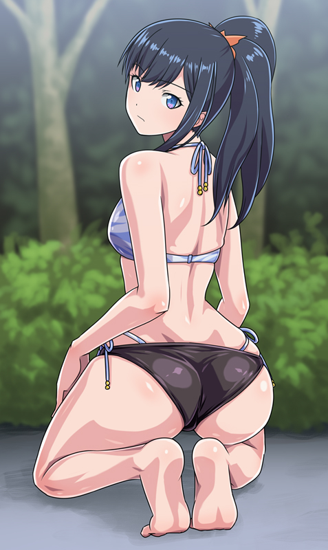 1girl animal_print ass barefoot bikini black_bikini black_hair blue_eyes from_behind full_body hair_ornament hair_scrunchie kneeling layered_bikini long_hair looking_at_viewer looking_back monteriakitto orange_scrunchie ponytail scrunchie side-tie_bikini soles solo ssss.gridman swimsuit takarada_rikka tiger_print