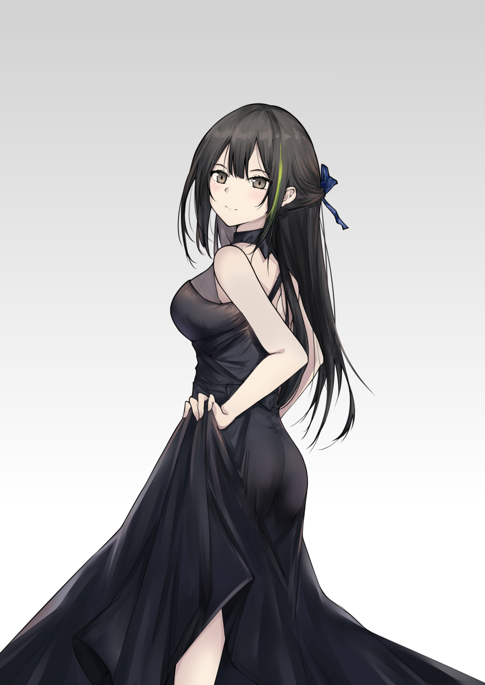 1girl alternate_costume ass bangs bare_shoulders black_dress blue_ribbon breasts brown_eyes brown_hair closed_mouth disconnected_mouth dress eyebrows_visible_through_hair from_side girls_frontline gradient gradient_background green_hair hair_between_eyes hair_ribbon halter_dress highres lifted_by_self long_hair looking_at_viewer m4a1_(girls_frontline) medium_breasts multicolored_hair pale_skin ribbon sidelocks simple_background skirt_hold smile streaked_hair two-tone_hair yuuki_mix