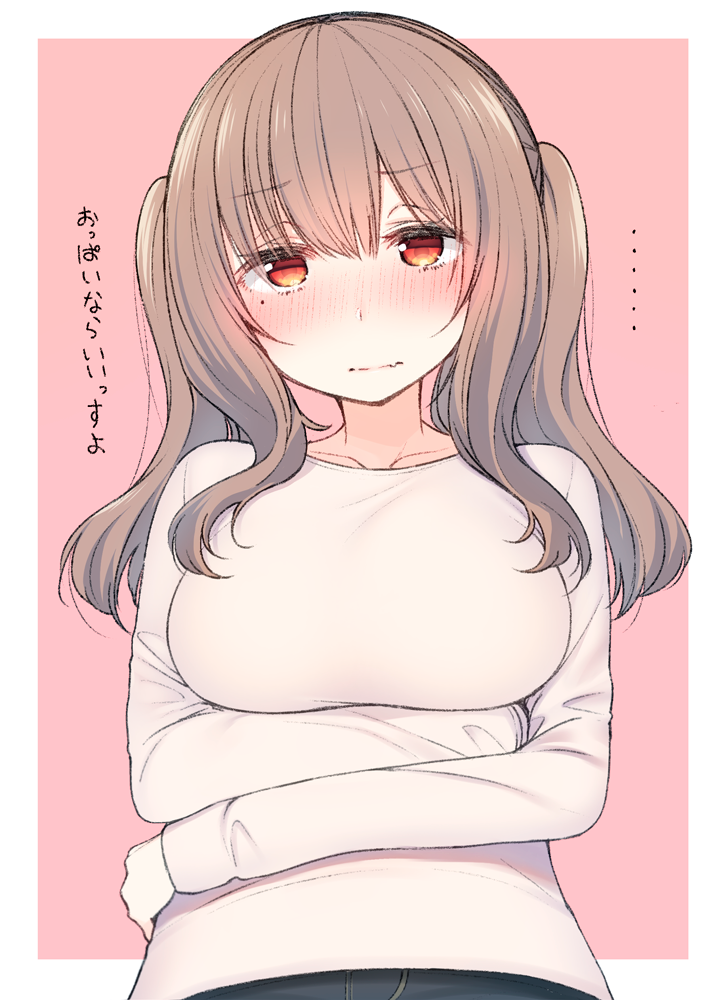 ... 1girl bangs blush breasts closed_mouth commentary crossed_arms eyebrows_visible_through_hair fang fang_out grey_sweater hairband large_breasts long_sleeves looking_at_viewer nekoume original pink_background red_eyes simple_background solo standing sweater translated twintails upper_body