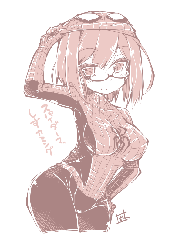 1girl arm_up bangs bodysuit breasts closed_mouth contrapposto cosplay cowboy_shot eyebrows_visible_through_hair glasses hair_between_eyes hand_on_hip head_tilt looking_at_viewer mask mask_on_head medium_breasts monochrome nijisanji reku semi-rimless_eyewear sepia shizuka_rin simple_background smile solo spider-man spider-man_(cosplay) spider-man_(series) standing translation_request under-rim_eyewear virtual_youtuber white_background