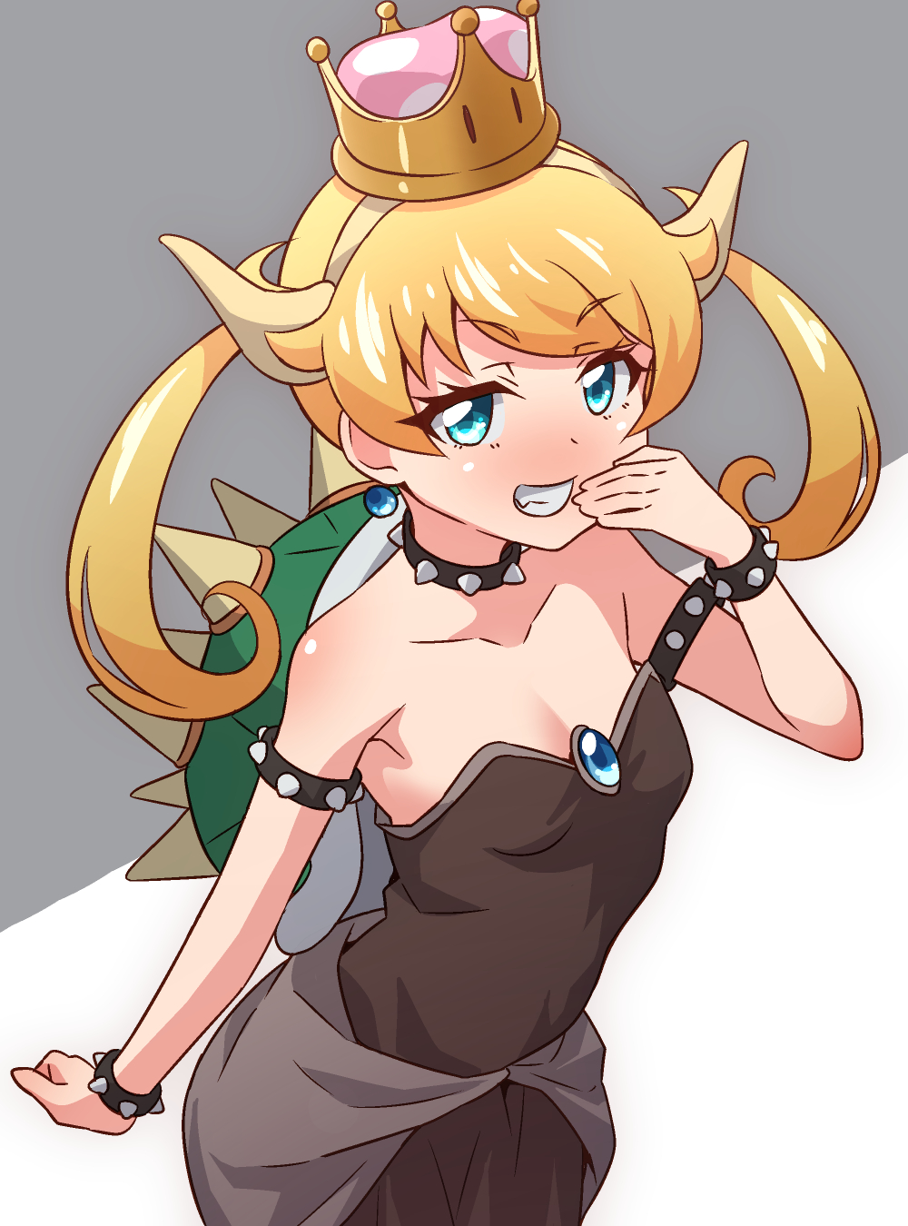 1girl armlet bare_shoulders black_dress blonde_hair blue_eyes bowsette bowsette_(cosplay) bracelet breasts collar cosplay covering_mouth crown dress earrings gem grin headband highres horns jewelry kiratto_pri_chan long_hair looking_at_viewer super_mario_bros. moegi_emo new_super_mario_bros._u_deluxe pretty_(series) small_breasts smile smug solo spiked_armlet spiked_bracelet spiked_collar spikes strapless strapless_dress super_crown tokomaya_keita turtle_shell twintails