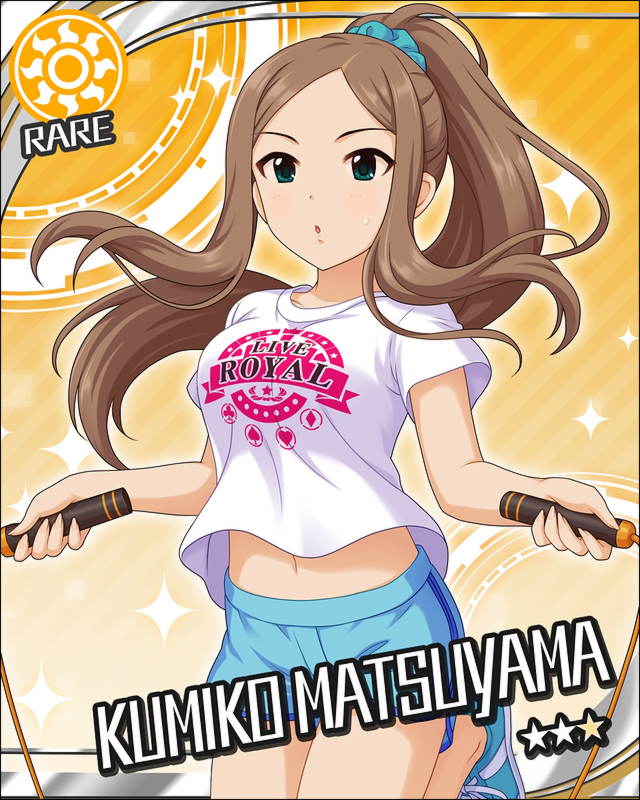 blush brown_hair character_name green_eyes idolmaster idolmaster_cinderella_girls matsuyama_kumiko ponytail shirt short_hair smile stars