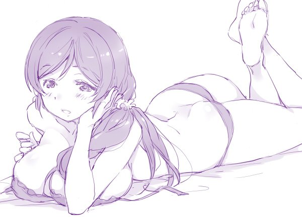 1girl ass barefoot blush bra breasts chin_rest deyuuku eyebrows_visible_through_hair feet_up hair_ornament hair_scrunchie large_breasts long_hair looking_at_viewer love_live! love_live!_school_idol_project lying monochrome on_stomach panties purple_theme scrunchie smile solo the_pose toujou_nozomi underwear underwear_only