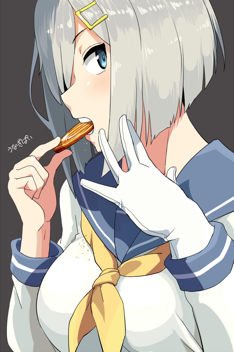 1girl blue_eyes breasts commentary crumbs eating food from_side gloves grey_background hair_ornament hair_over_one_eye hairclip hamakaze_(kantai_collection) highres holding holding_food kantai_collection kozou_(rifa) large_breasts looking_at_viewer neckerchief school_uniform serafuku short_hair silver_hair simple_background single_glove solo translated unagi_pie white_gloves yellow_neckwear