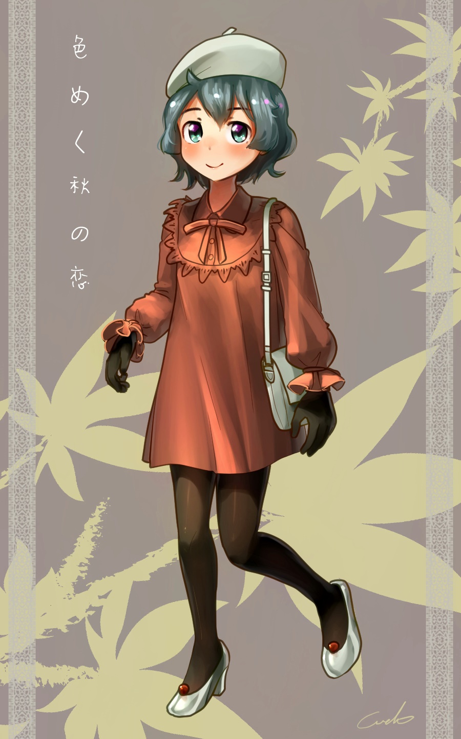 1girl adapted_costume bag beret black_gloves black_legwear collared_dress commentary contemporary dress eyebrows_visible_through_hair full_body gloves green_eyes green_hair handbag hat high_heels highres kaban_(kemono_friends) kemono_friends long_sleeves looking_at_viewer pantyhose puffy_long_sleeves puffy_sleeves red_dress short_hair shoulder_bag signature smile solo translated welt_(kinsei_koutenkyoku)