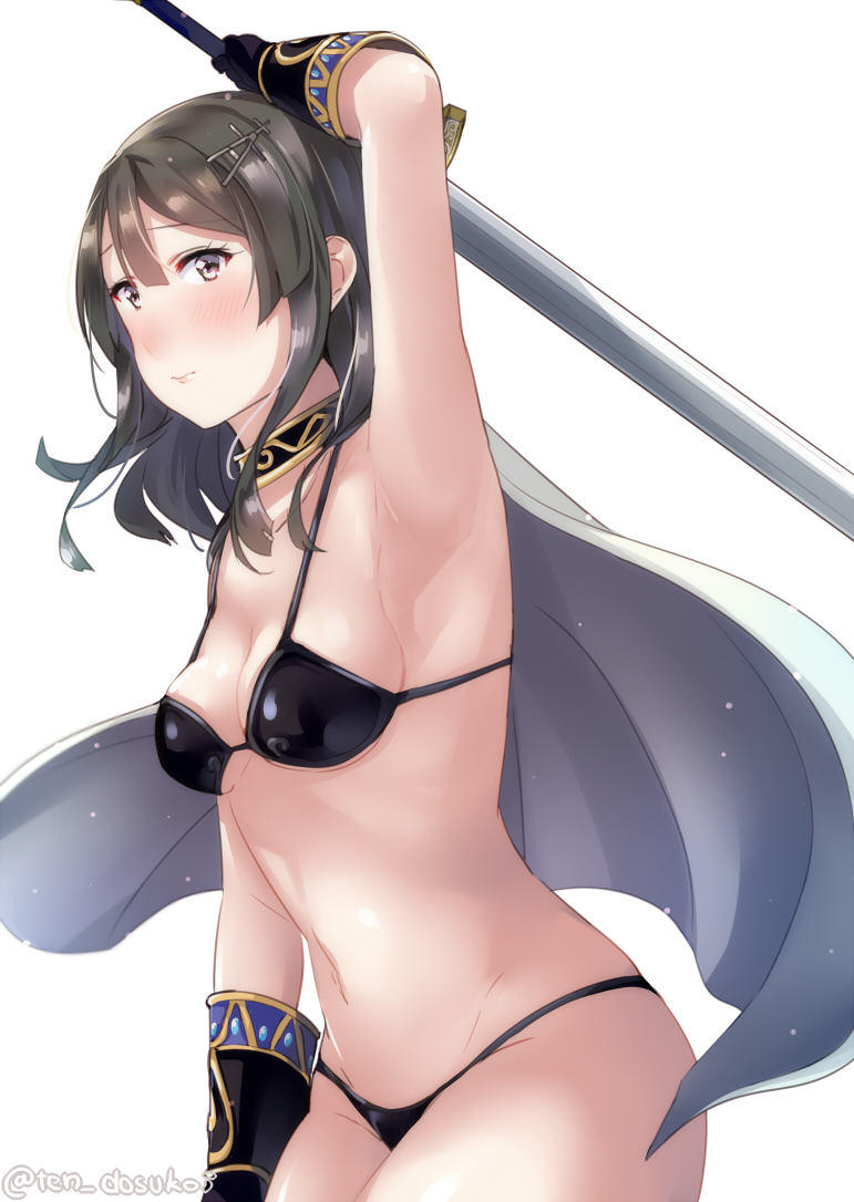 1girl 3: arm_up armpits bad_id bad_pixiv_id bangs bikini black_bikini blush breasts cape closed_mouth collarbone collarbone_visible_through_hair commentary_request eyebrows_visible_through_hair fantasy from_side furrowed_eyebrows gold_trim hair_between_eyes hair_ornament holding holding_sword holding_weapon juurouta kantai_collection left-handed lips long_hair looking_at_viewer looking_to_the_side medium_breasts oyashio_(kantai_collection) sideboob simple_background solo swimsuit sword twitter_username weapon white_background white_cape