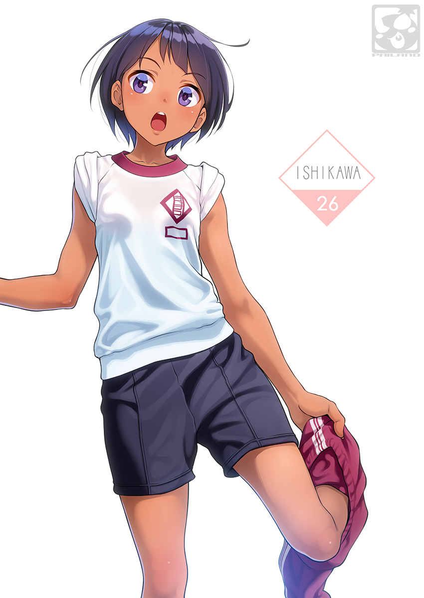 1girl :o blue_eyes blue_hair breasts collarbone dark_skin eyebrows_visible_through_hair gym_shorts gym_uniform highres original pairan pants pants_around_one_leg short_hair shorts simple_background sleeves_rolled_up small_breasts solo standing standing_on_one_leg tomboy track_pants undressing white_background