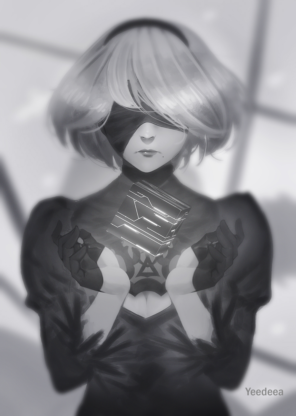 1girl black_blindfold black_dress black_hairband blindfold box breasts cleavage_cutout closed_mouth covered_eyes cube dress facing_viewer feather-trimmed_sleeves gloves greyscale hairband highres juliet_sleeves long_sleeves medium_breasts mole mole_under_mouth monochrome nier_(series) nier_automata puffy_sleeves silver_hair solo vambraces yeedee yorha_no._2_type_b