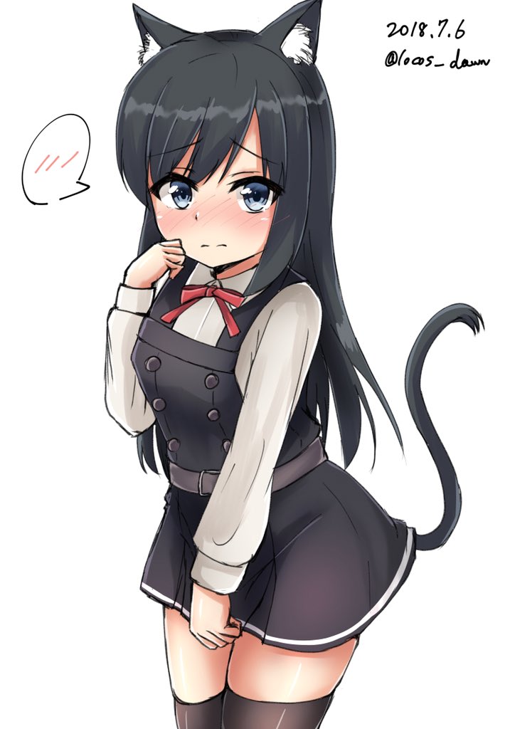 1girl animal_ear_fluff animal_ears asashio_(kantai_collection) bangs belt black_dress black_hair black_legwear blue_eyes blush buttons cat_ears cat_tail collared_shirt dated dress embarrassed eyebrows_visible_through_hair hand_on_own_cheek hand_up kantai_collection kemonomimi_mode long_hair long_sleeves looking_at_viewer neck_ribbon nose_blush pinafore_dress red_neckwear remodel_(kantai_collection) ribbon rokosu_(isibasi403) school_uniform shirt simple_background solo spoken_blush tail thigh-highs twitter_username white_background white_shirt zettai_ryouiki