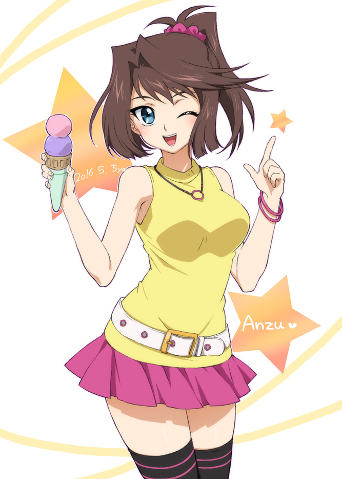 1girl aqua_eyes bad_id bad_pixiv_id bare_arms bare_shoulders belt belt_buckle black_legwear blunt_ends breasts brown_hair buckle character_name chiyo_(no3baki) dated double_horizontal_stripe food hair_intakes hands_up heart holding holding_food ice_cream ice_cream_cone jewelry large_breasts legs_together loose_belt mazaki_anzu necklace open_mouth pastel_colors pink_skirt pointing pointing_up shirt short_hair skirt sleeveless sleeveless_shirt smile solo standing star sweets text_focus thigh-highs w_arms white_belt yellow_shirt yuu-gi-ou yuu-gi-ou_duel_monsters zettai_ryouiki