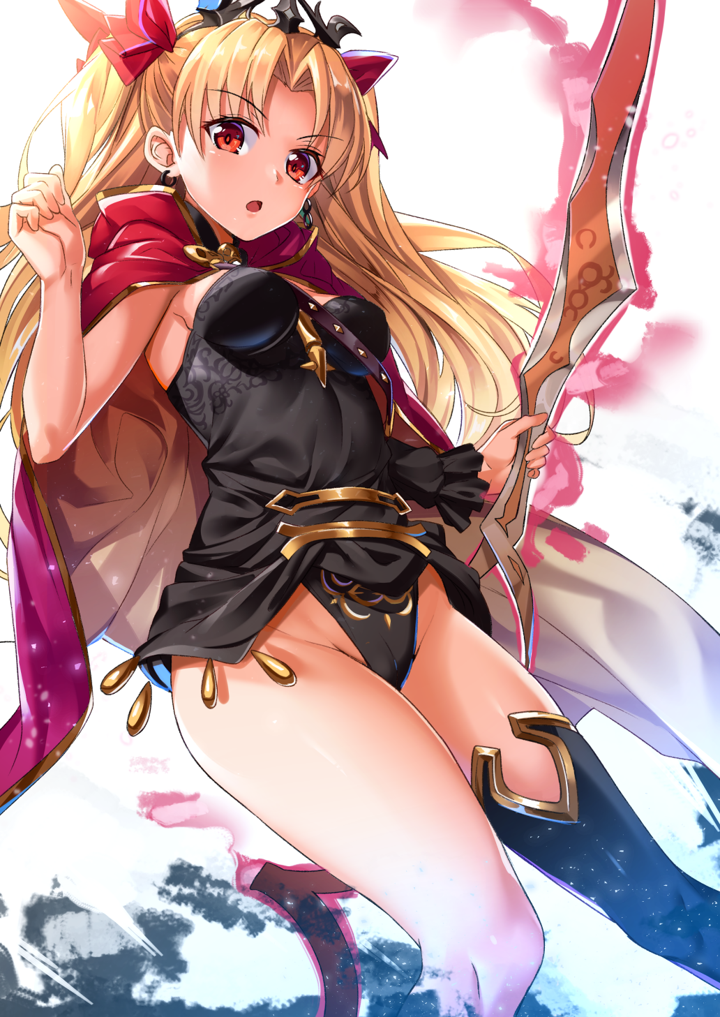 1girl bangs bare_arms bare_legs black_dress black_legwear black_leotard blonde_hair bow breasts cape commentary_request dress earrings ereshkigal_(fate/grand_order) eyebrows_visible_through_hair fate/grand_order fate_(series) hair_bow hand_up highres holding holding_weapon jewelry leotard long_hair looking_at_viewer medium_breasts microdress multicolored multicolored_cape multicolored_clothes open_mouth parted_bangs purple_cape red_bow red_cape red_eyes shuutou_haruka simple_background single_sleeve single_thighhigh sleeveless sleeveless_dress solo thigh-highs tiara weapon white_background