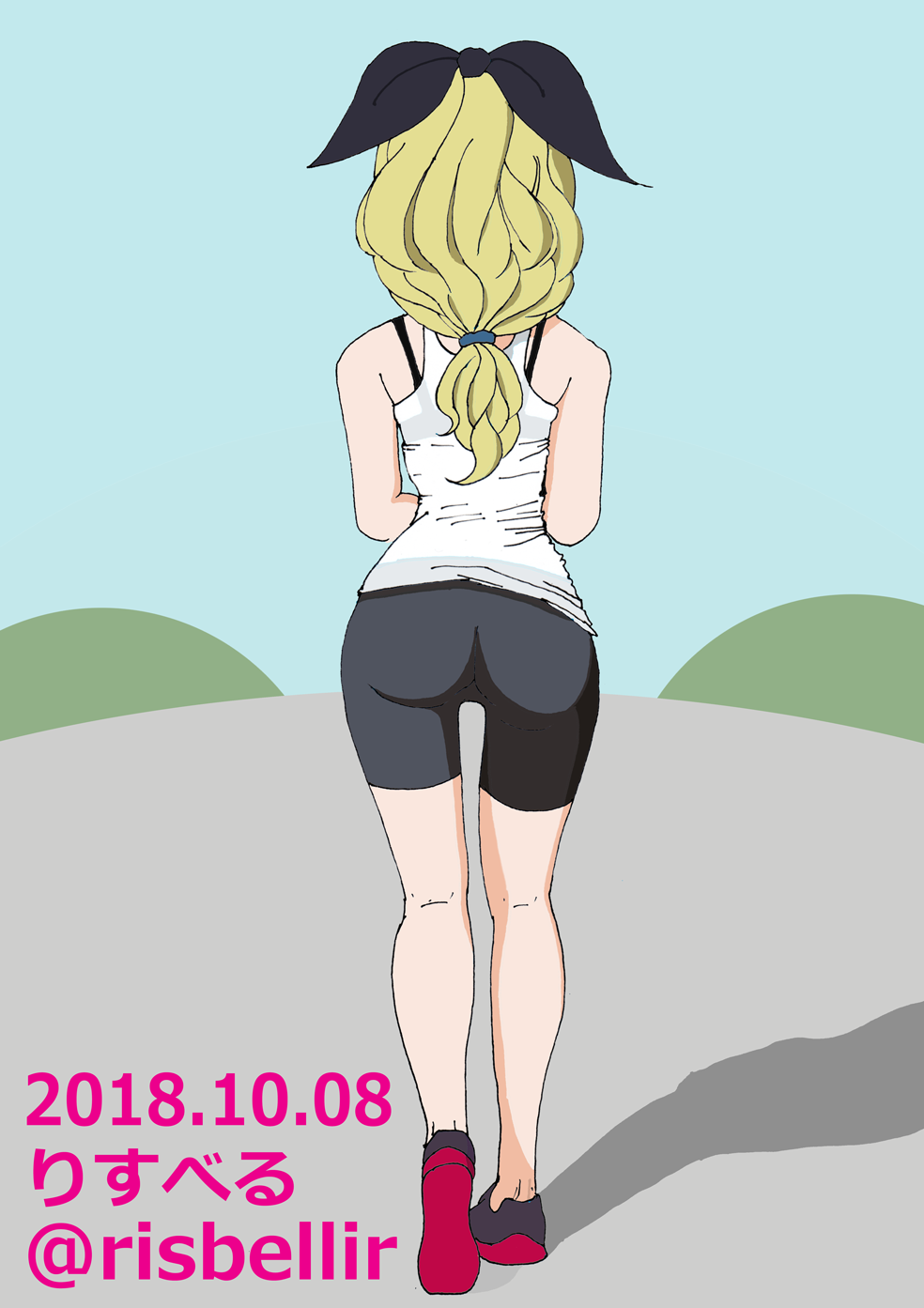 1girl artist_name ass assam bad_anatomy bike_shorts black_bra black_footwear black_shorts blonde_hair blue_sky blush bra bra_strap commentary_request dated day flat_color from_behind full_body girls_und_panzer hair_ribbon highres jogging kneepits long_hair low_ponytail outdoors ribbon risbellir shoe_soles shoes shorts sky slim_legs sneakers solo tank_top thigh_gap twitter_username underwear white_tank_top