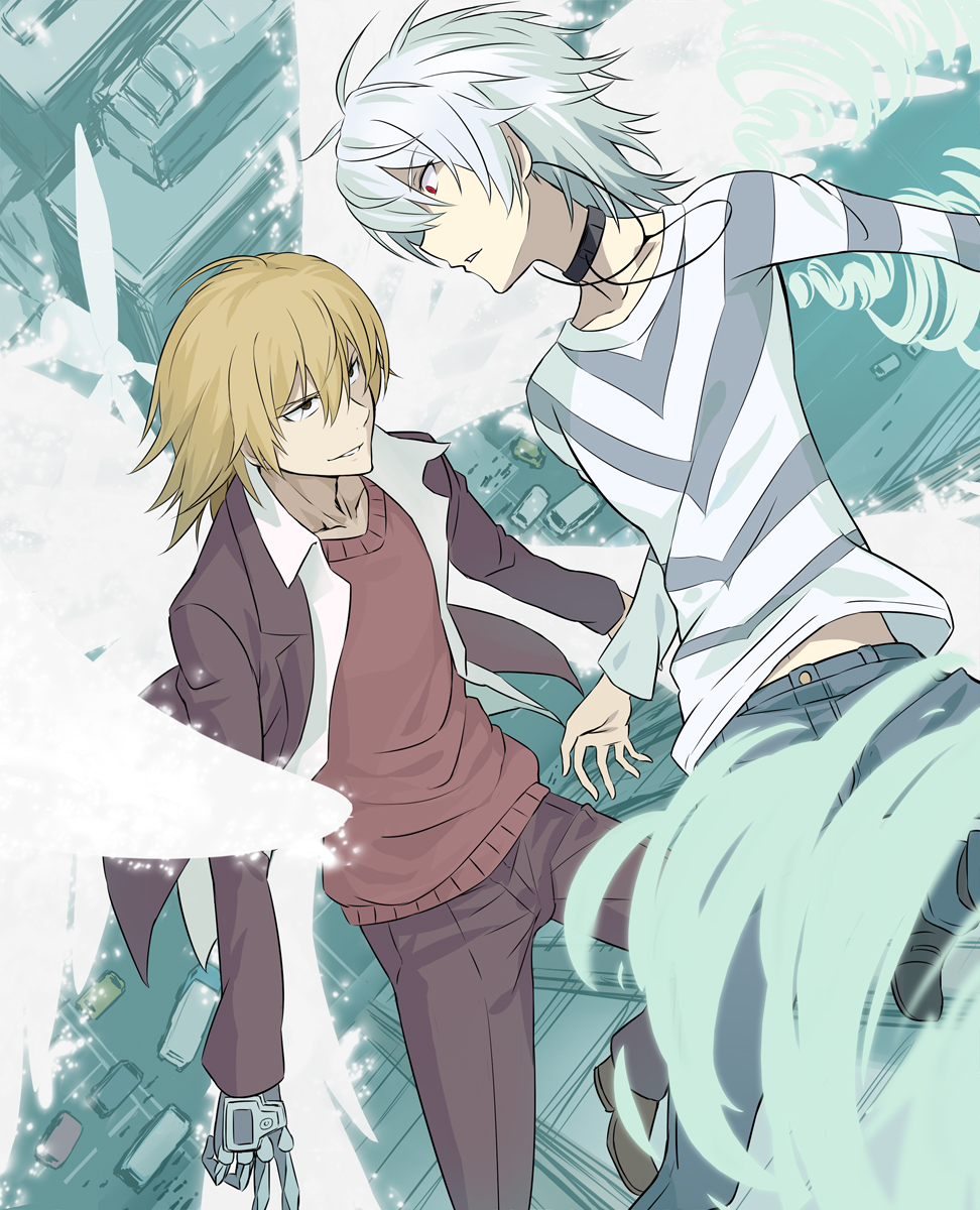 2boys accelerator albino black_eyes brown_hair choker commentary flying highres jack-barro kakine_teitoku long_sleeves looking_at_another male_focus multiple_boys red_eyes shirt striped striped_shirt to_aru_majutsu_no_index white_hair wings