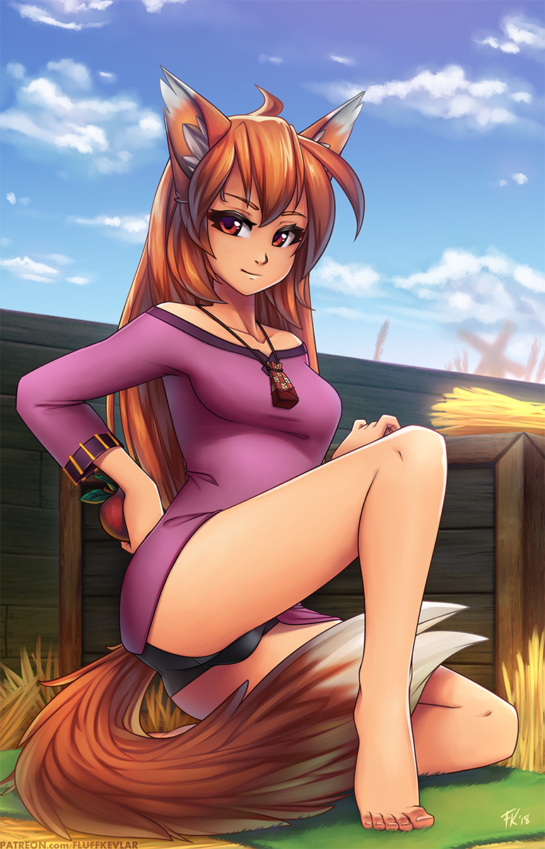 1girl ahoge animal_ears apple bangs bare_legs barefoot black_panties blue_sky closed_mouth clouds cloudy_sky collarbone commentary crotch_seam day english_commentary eyelashes feet fluff_kevlar food fruit half-closed_eyes highres holding holding_food holding_fruit holo long_hair long_sleeves looking_at_viewer orange_eyes orange_hair panties red_apple sky smile solo spice_and_wolf tail toes underwear wolf_ears wolf_girl wolf_tail