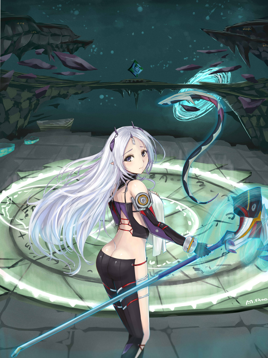 1girl ass bangs bare_hips black_gloves black_pants brown_eyes closers crop_top detached_sleeves fingerless_gloves floating_hair from_behind gloves hair_ornament highres holding holding_staff levia_(closers) long_hair looking_at_viewer looking_back magic_circle midriff pants parted_bangs shaojiang silver_hair solo staff standing very_long_hair