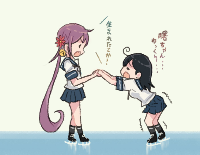 2girls ahoge akebono_(kantai_collection) bell black_hair black_legwear blue_sailor_collar blue_skirt closed_eyes flower hair_bell hair_flower hair_ornament helping holding_hands ice_skates ice_skating jingle_bell kantai_collection kneehighs long_hair multiple_girls neck_ribbon otoufu pleated_skirt purple_hair ribbon sailor_collar school_uniform serafuku short_sleeves side_ponytail skates skating skirt translated ushio_(kantai_collection) very_long_hair