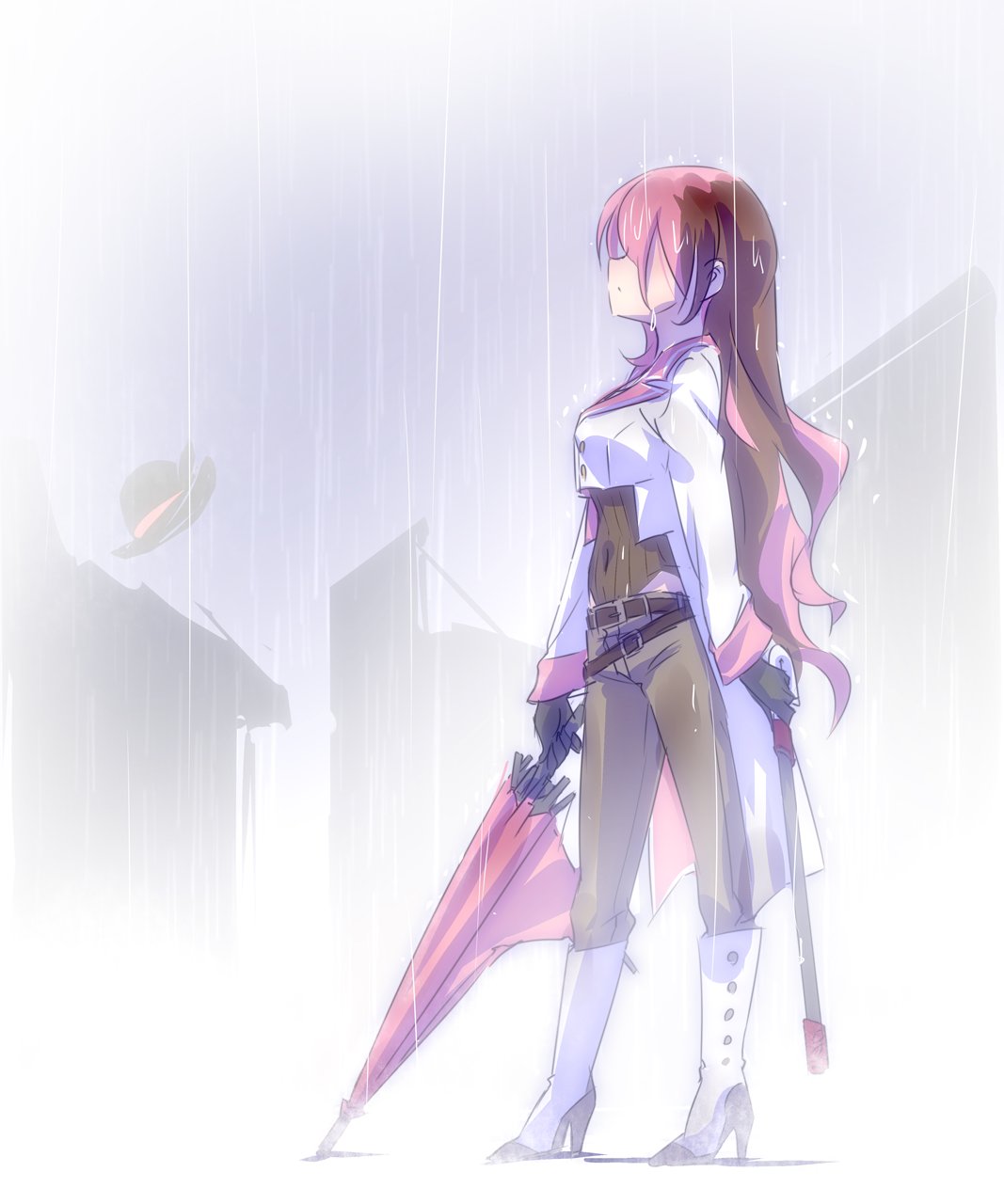 1girl belt boots brown_hair cane commentary covered_eyes high_heel_boots high_heels highres iesupa knee_boots long_hair multicolored_hair neo_(rwby) pink_hair rain rwby solo umbrella very_long_hair