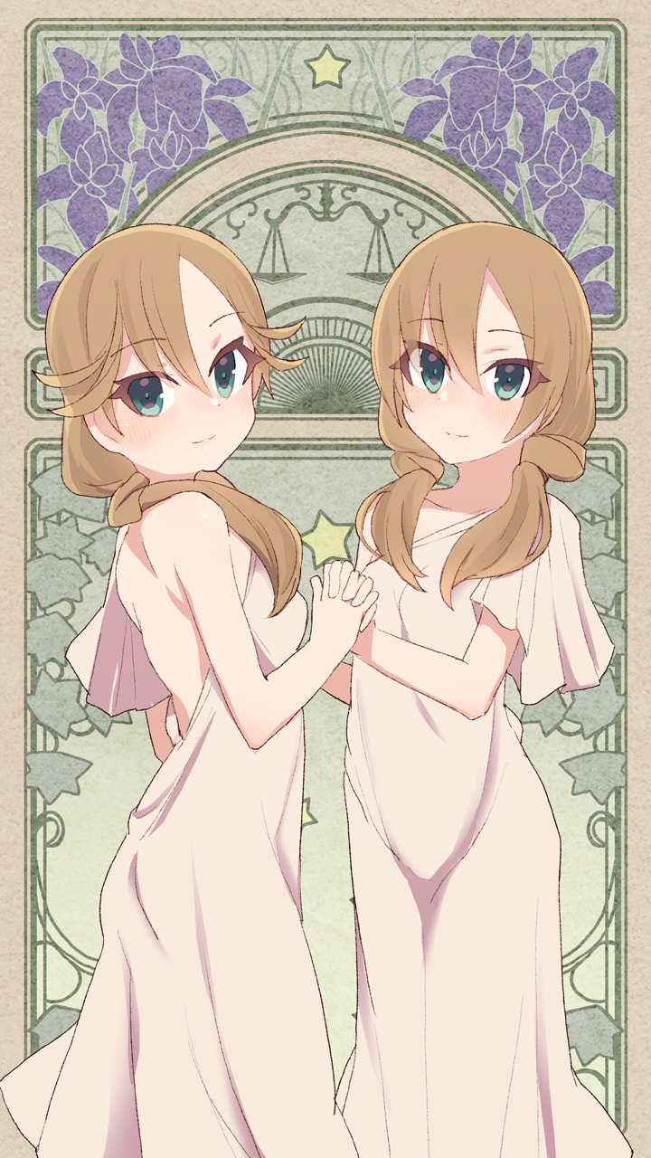 2girls alice_gear_aegis bangs bare_shoulders blush breasts brown_hair closed_mouth collarbone commentary_request dress eyebrows_visible_through_hair flower green_eyes grey_dress hair_between_eyes hair_over_shoulder highres holding_hands interlocked_fingers low_twintails maze_(gochama_ze_gohan) multiple_girls purple_flower small_breasts smile star twintails usamoto_anna weighing_scale