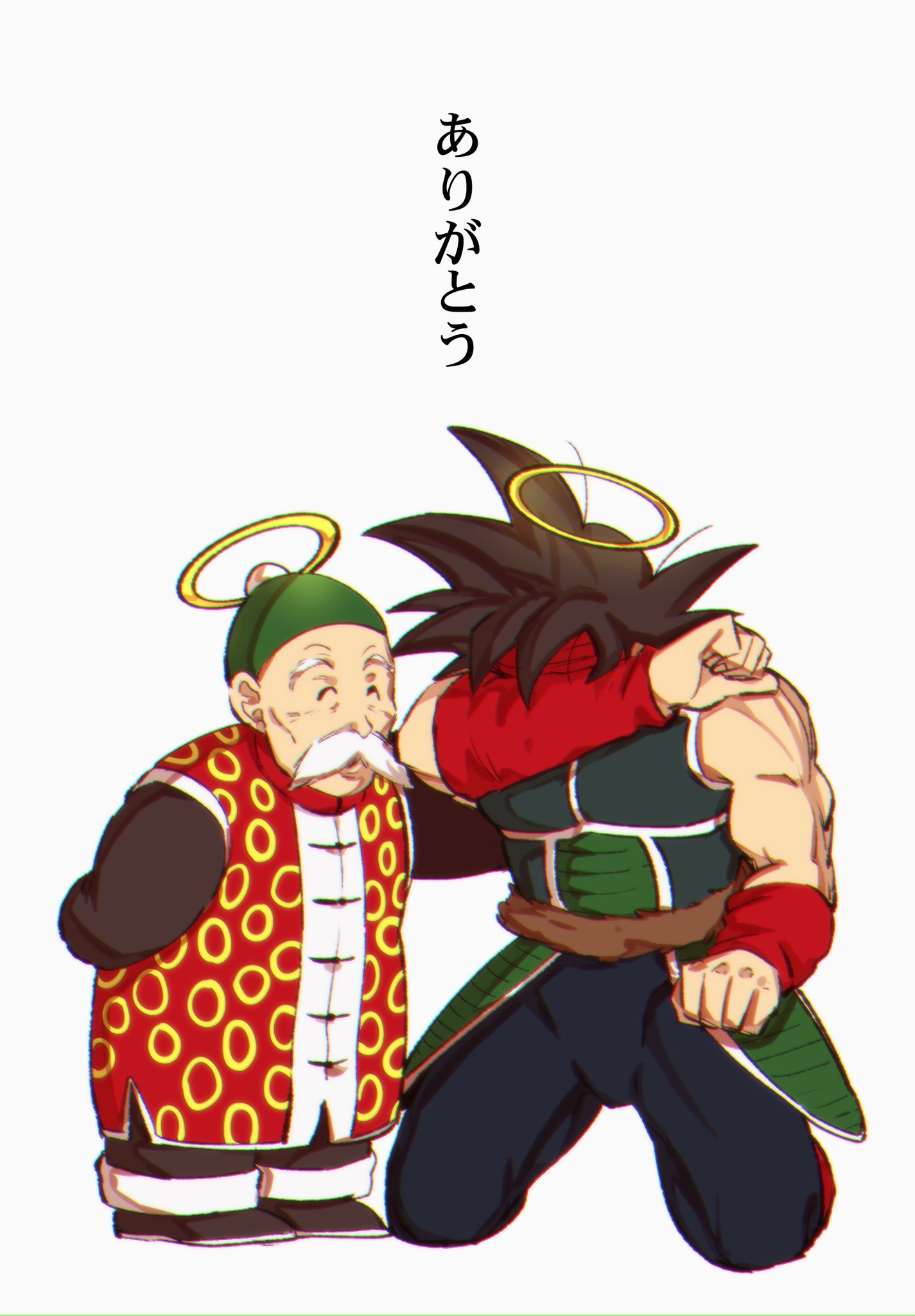 2boys ^_^ age_difference armband armor bardock black_hair clenched_hand closed_eyes commentary dragon_ball dragon_ball_z facial_hair grandpa_gohan halo hand_on_another's_back headband highres kneeling multiple_boys mustache old_man riku_to simple_background spiky_hair translated white_background white_hair