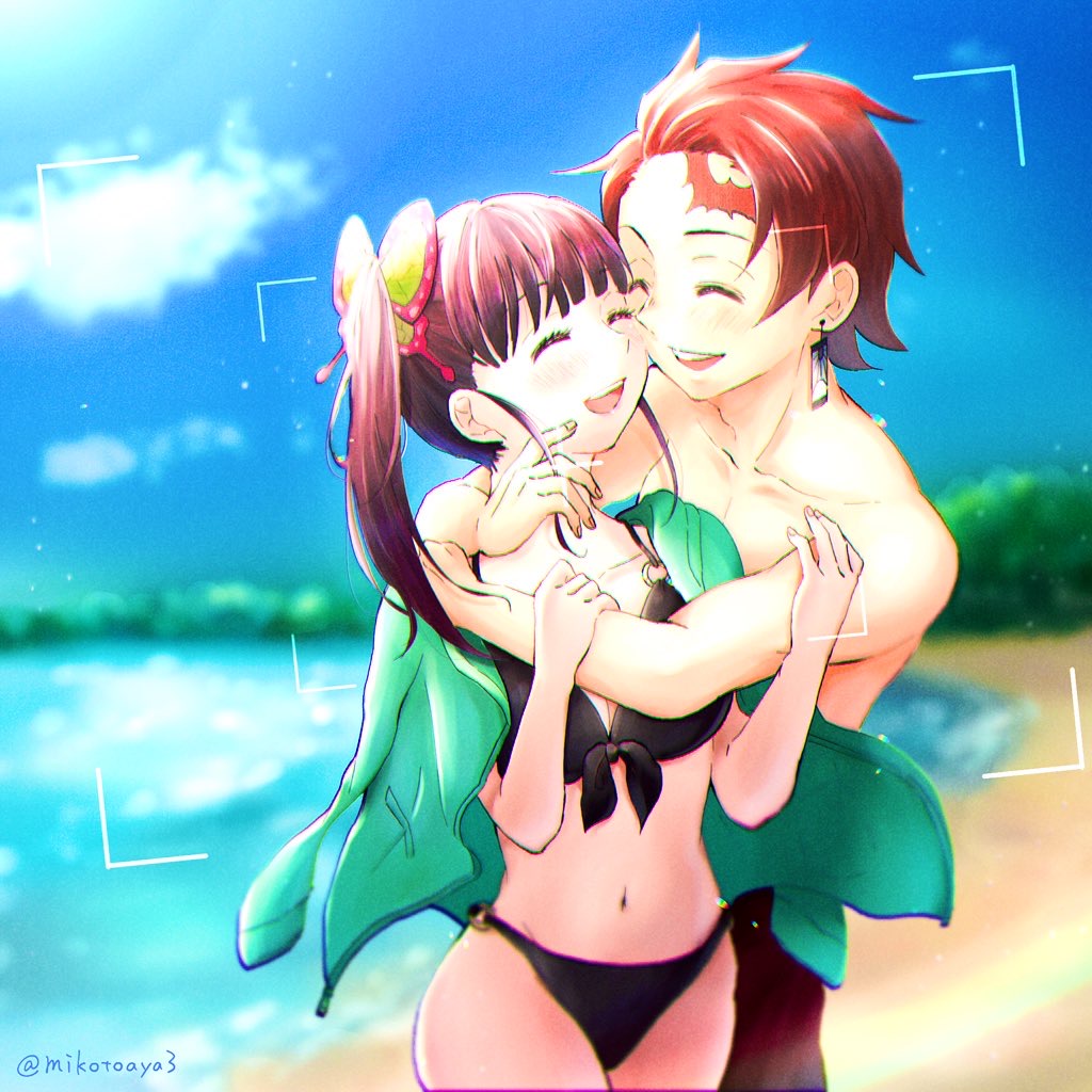 1boy 1girl :d alternate_costume bangs beach bikini black_bikini black_hair blue_sky blunt_bangs blurry blurry_background butterfly_hair_ornament closed_eyes clouds collarbone couple day earrings front-tie_bikini front-tie_top green_jacket hair_ornament hetero hug jacket jacket_on_shoulders jewelry kamado_tanjirou kimetsu_no_yaiba mikotoaya3 o-ring o-ring_bikini ocean open_clothes open_jacket open_mouth outdoors redhead scar shiny shiny_hair short_hair side_ponytail sky smile swimsuit tsuyuri_kanao twitter_username