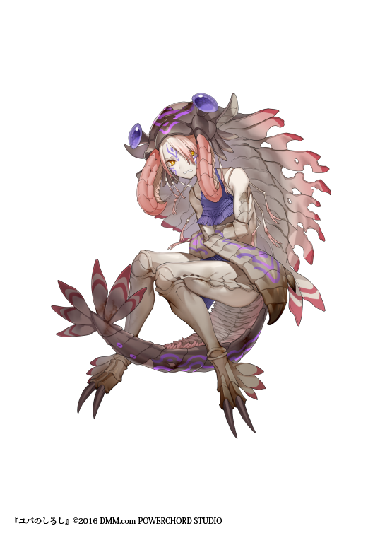 1girl anomalocaris carapace claws compound_eyes crossed_arms fewer_digits full_body invisible_chair looking_at_viewer mandibles monster_girl no_hands official_art orange_eyes pale_skin sitting solo tail tattoo white_background yuba_no_shirushi yuzu_shio