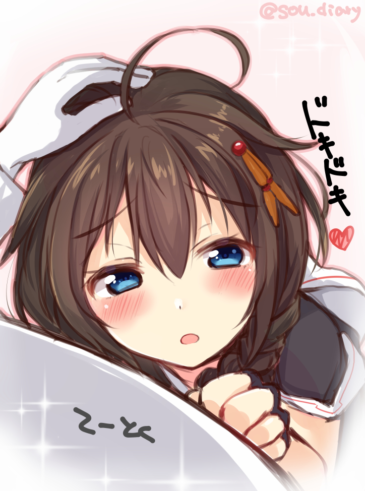 1boy 1girl admiral_(kantai_collection) ahoge black_gloves black_serafuku blue_eyes blush braid brown_hair commentary_request fingerless_gloves gloves hair_flaps hair_ornament hair_over_shoulder hairclip half-closed_eyes heart kantai_collection looking_at_viewer open_mouth petting remodel_(kantai_collection) school_uniform serafuku shigure_(kantai_collection) shirt simple_background single_braid solo_focus sou_(soutennkouchi) sparkle translated twitter_username white_gloves white_shirt