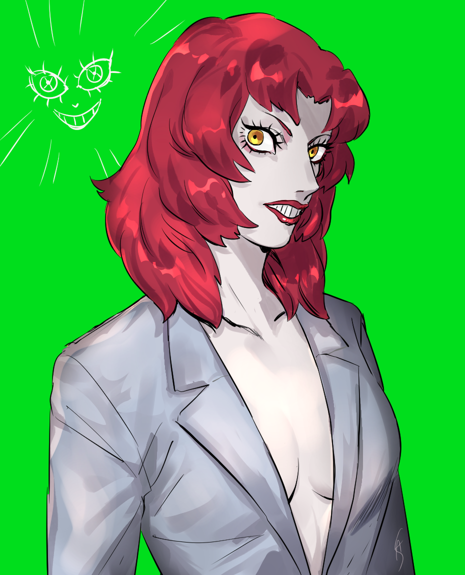 1girl anagosamaeru breasts collarbone devilman devilman_crybaby green_background jacket lips lipstick looking_at_viewer makeup medium_hair no_bra parted_lips psycho_jenny red_lipstick redhead simple_background solo teeth upper_body yellow_eyes