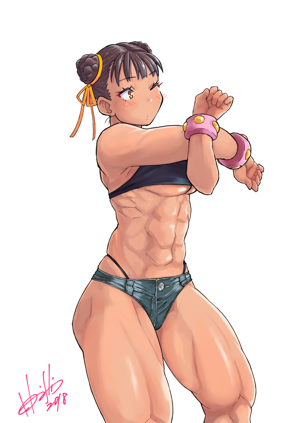 1girl abs alternate_costume armpits bare_arms bare_legs bare_shoulders black_panties bracelet breasts brown_eyes brown_hair buttons chun-li commentary_request cowboy_shot dated denim denim_shorts hair_bun hair_ribbon hands_up highleg highleg_panties highres hori_shin jewelry looking_to_the_side midriff muscle muscular_female navel one_eye_closed panties ribbon short_hair short_shorts shorts signature simple_background skindentation solo standing stomach street_fighter stretch tan tank_top thick_thighs thighs toned under_boob underwear white_background